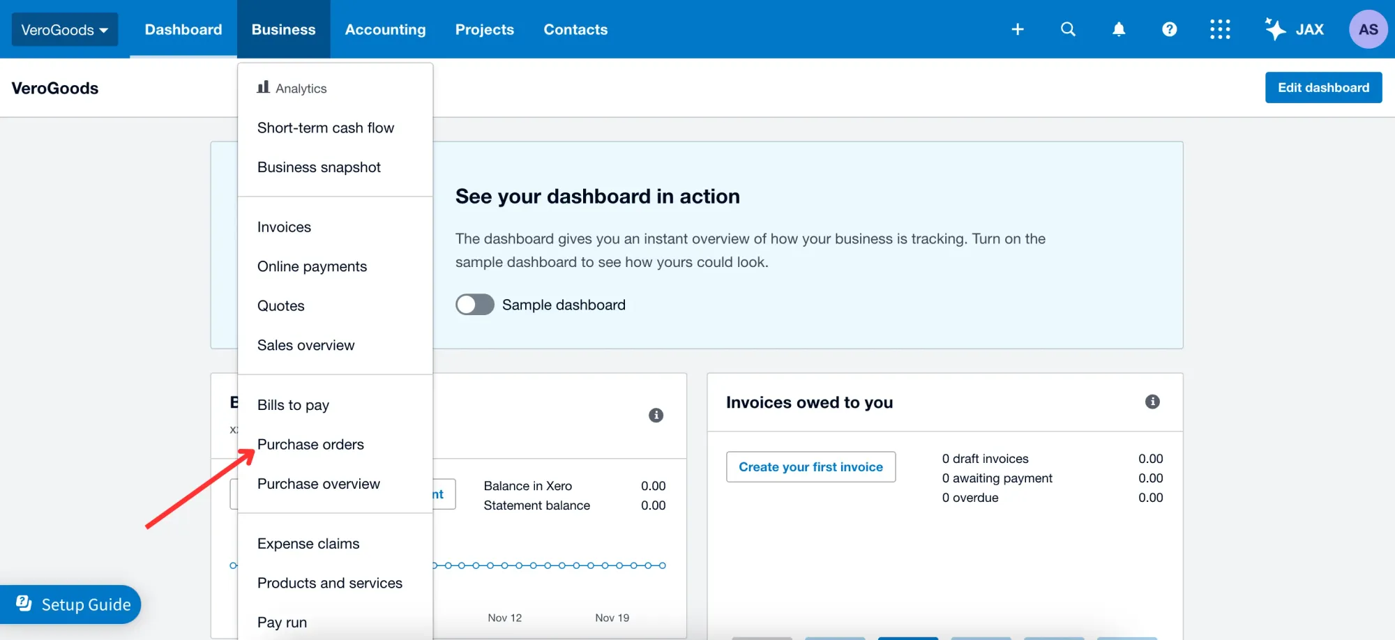 creating a xero purchase order step 1
