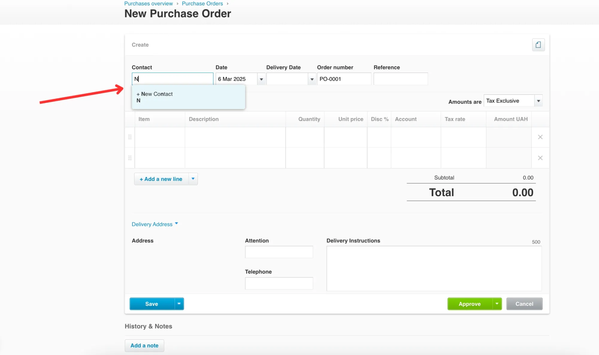 creating a xero purchase order step 3