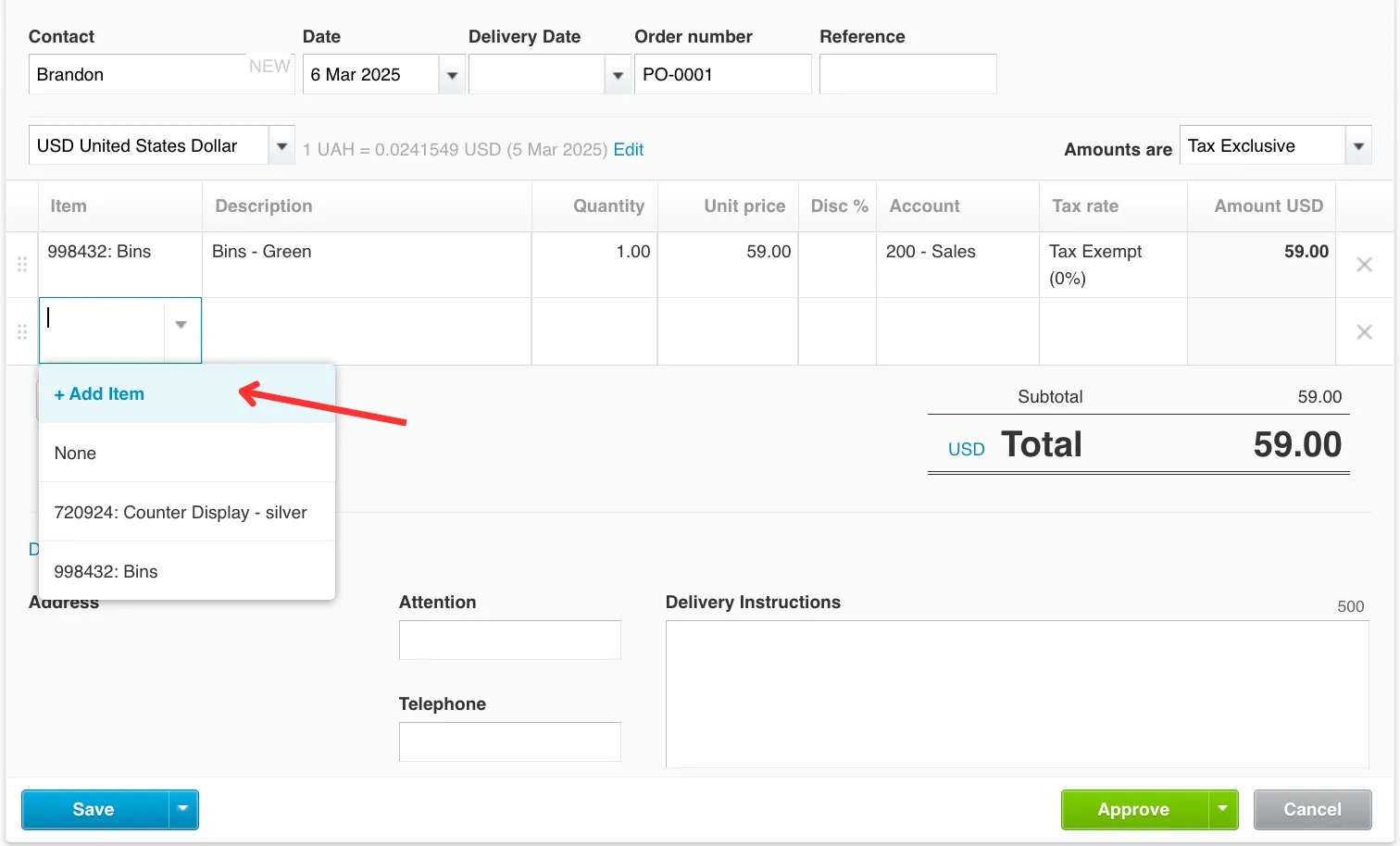 creating a xero purchase order step 4