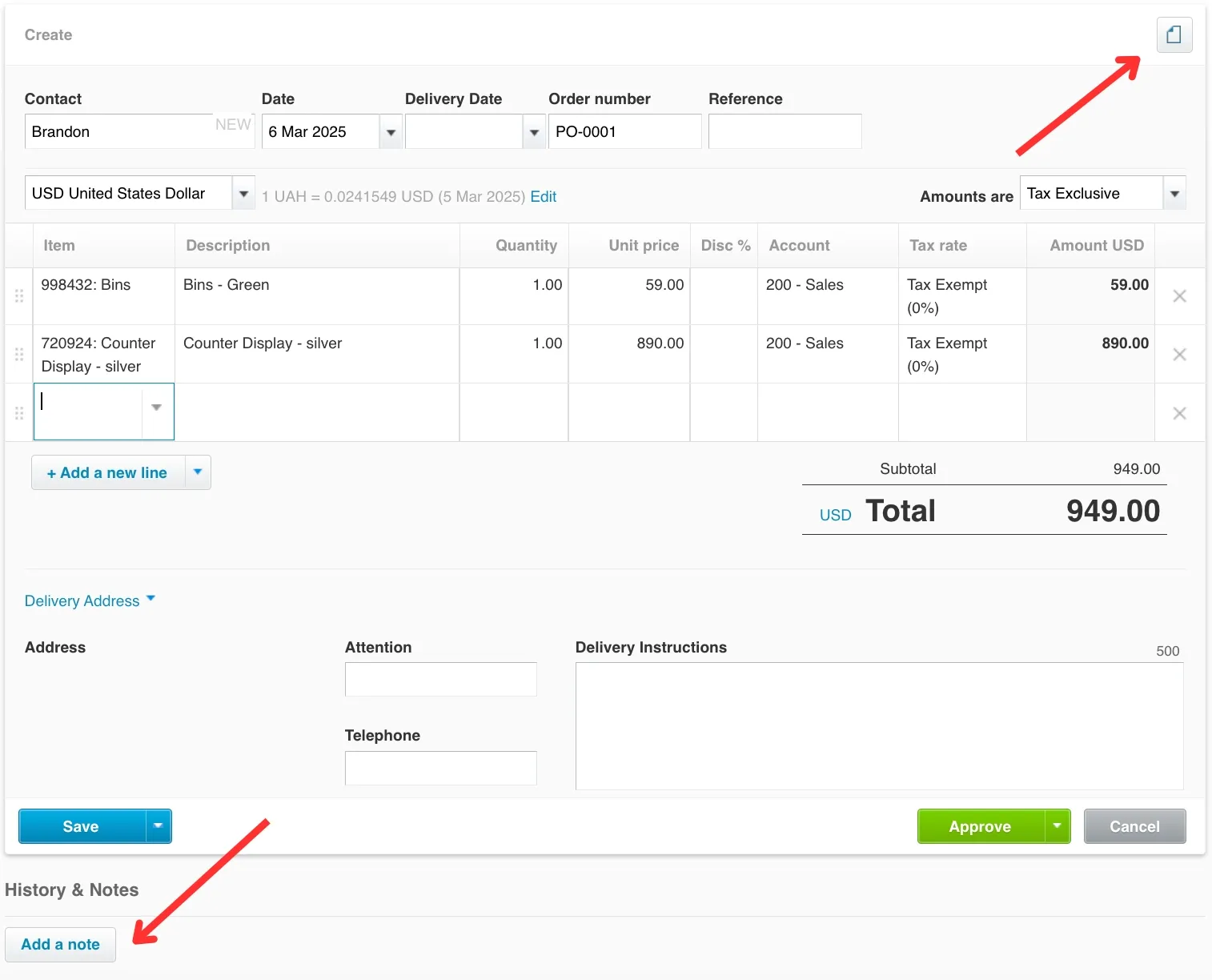 creating a xero purchase order step 6