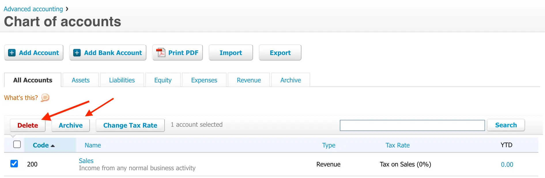 how to delete or archive in xero chart of accounts