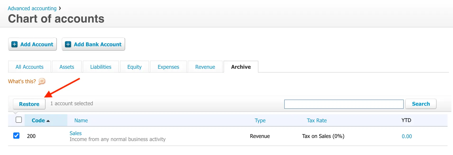 how to restore archived accounts in xero chart of accounts step 2