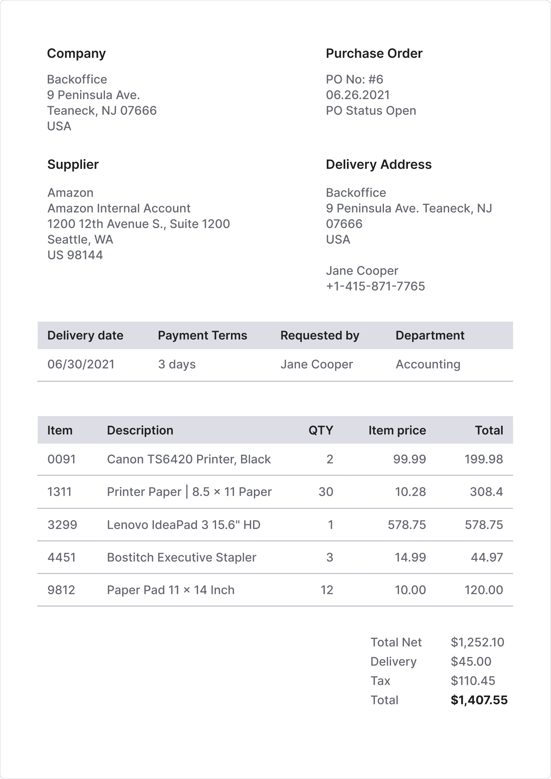a typical purchase order
